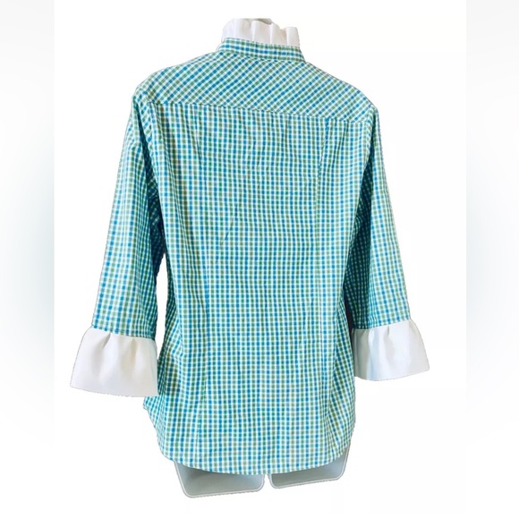 Pearly Vine Button Down Check Women's Blouse Top White Ruffle Ribbon Trim Size S - Picture 3 of 12